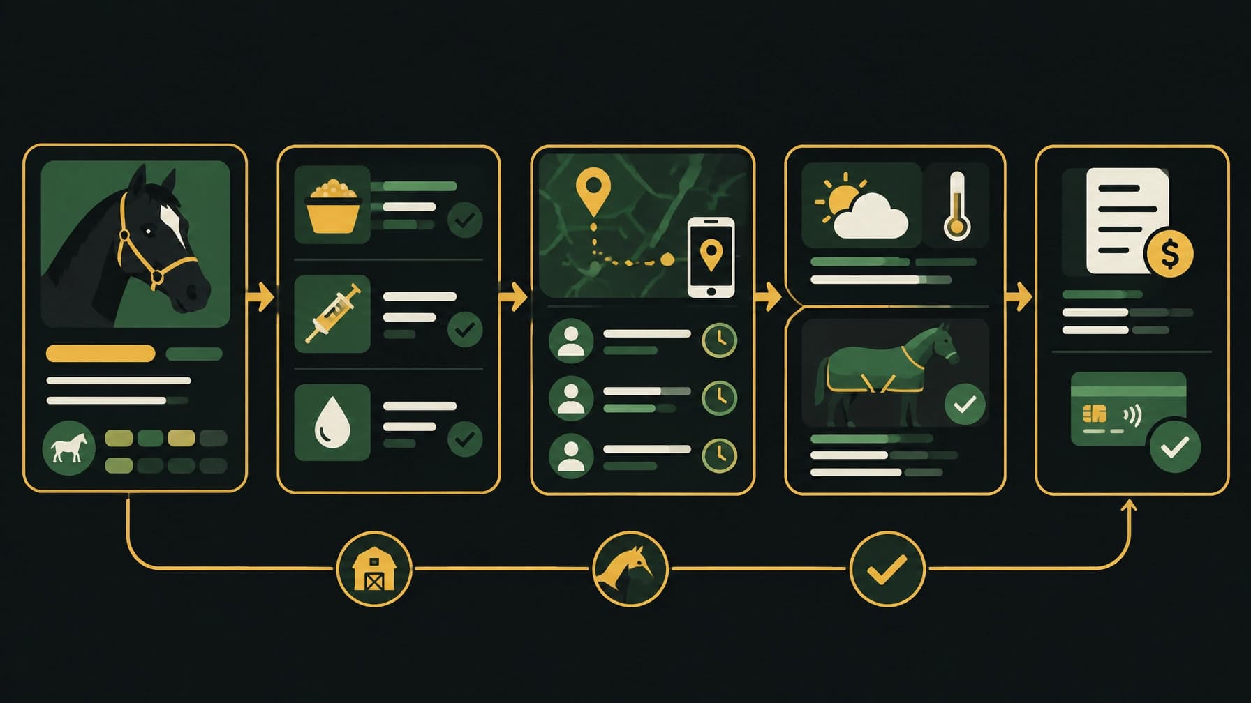 Flat vector illustration of a connected barn workflow linking horse care, staff time, weather guidance, and billing
