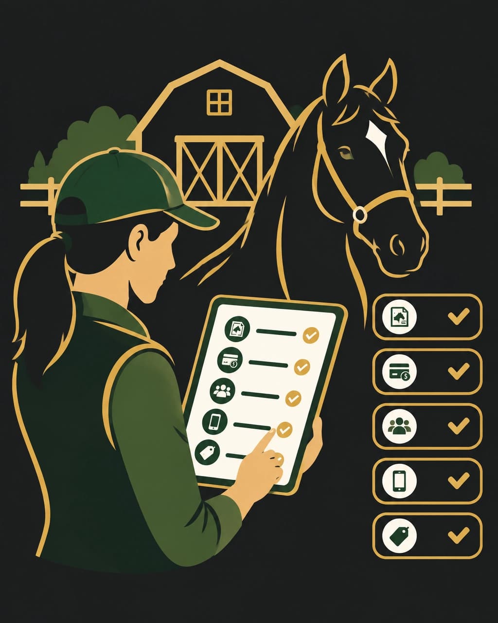 Flat vector illustration of a facility manager reviewing an operational decision checklist on a tablet beside a horse and barn