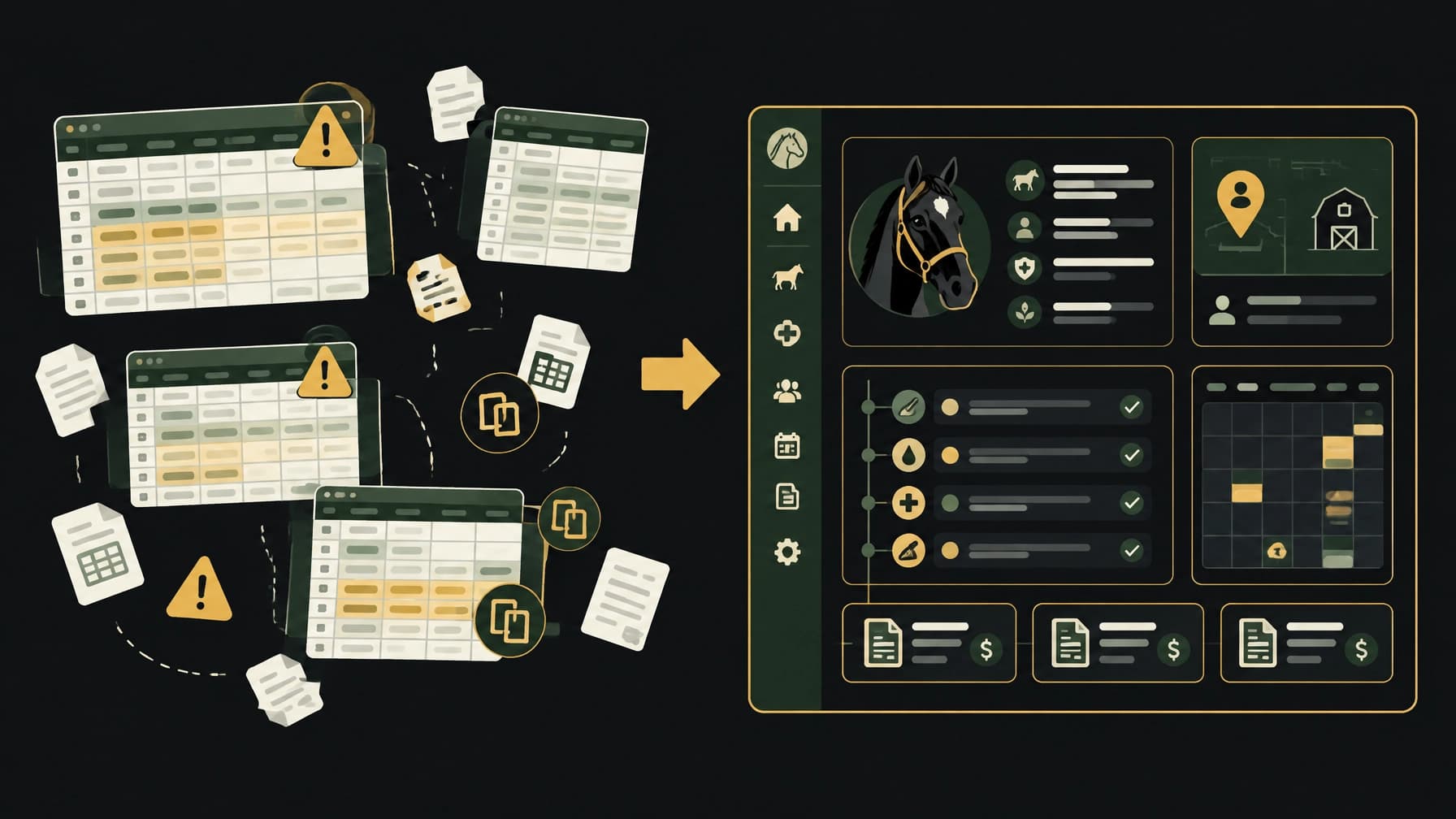 Flat vector illustration showing scattered spreadsheets on one side and an organized equine operations dashboard on the other
