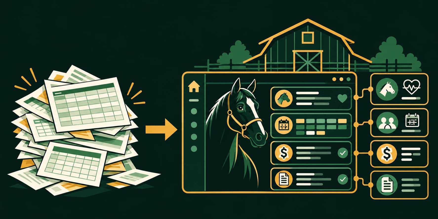 Flat vector illustration comparing disconnected spreadsheets with one connected barn management platform