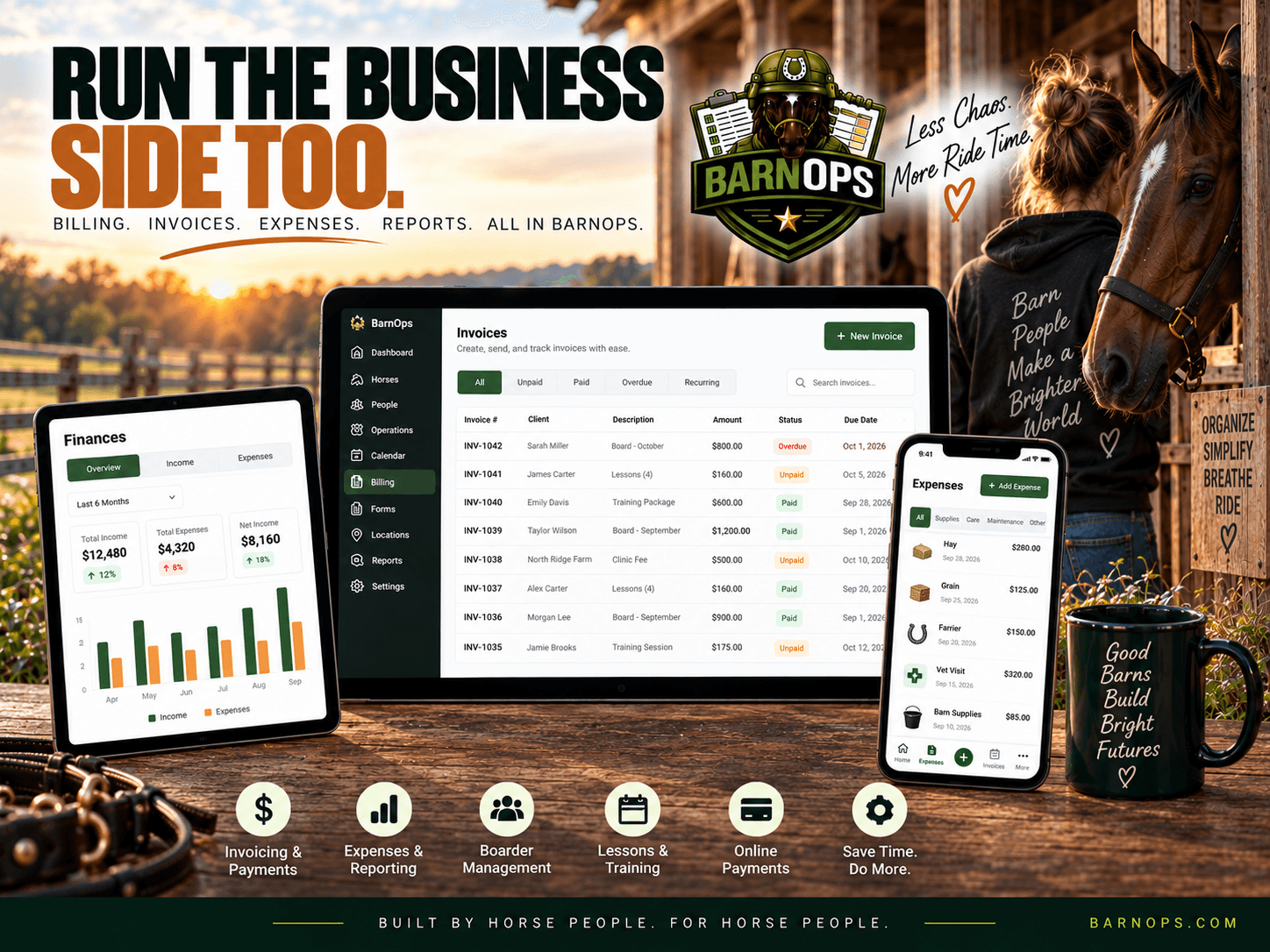 BarnOps Command displayed on desktop, tablet and mobile with invoicing, expenses, reporting and payment tools